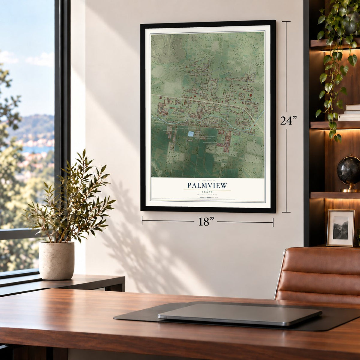 Palmview, Texas map, 18 x 24 inch print in a black frame in a home office