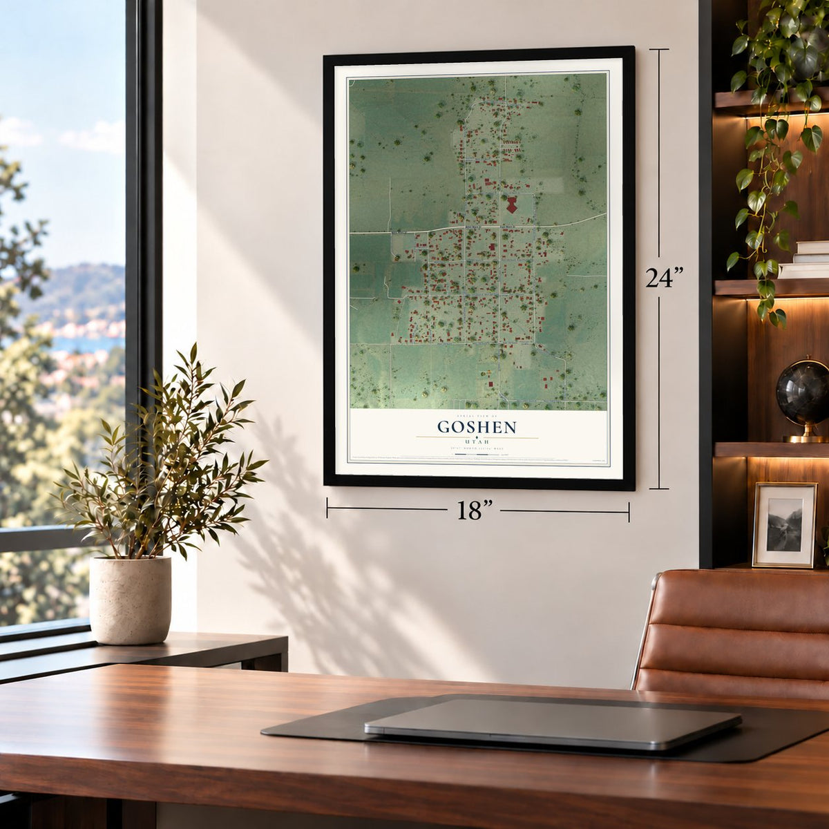 Goshen, Utah map, 18 x 24 inch print in a black frame in a home office