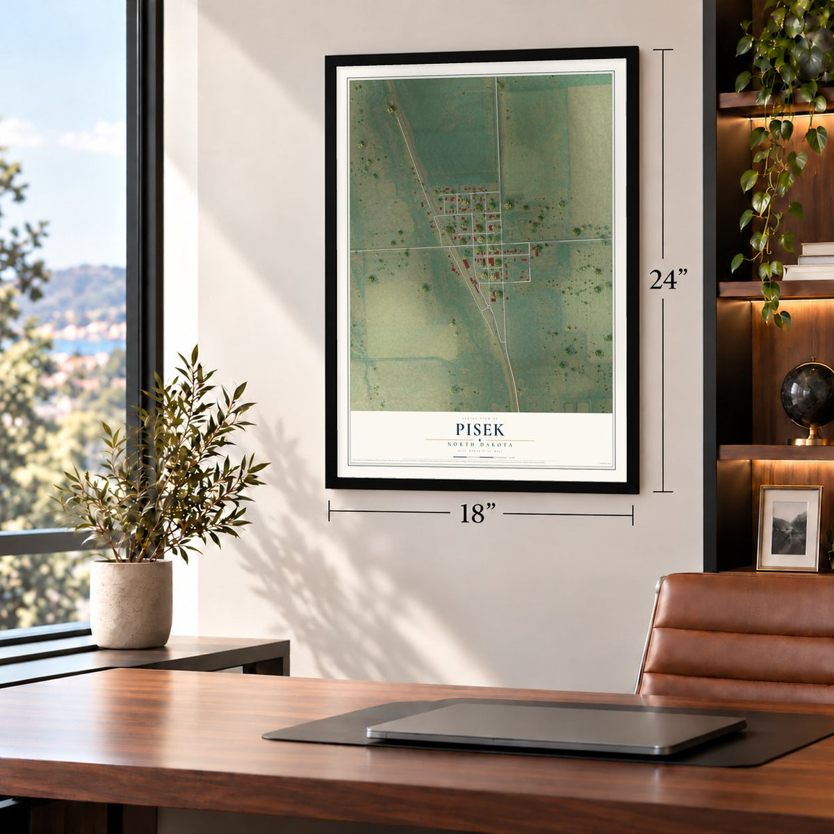 Pisek, North Dakota map, 18 x 24 inch print in a black frame in a home office