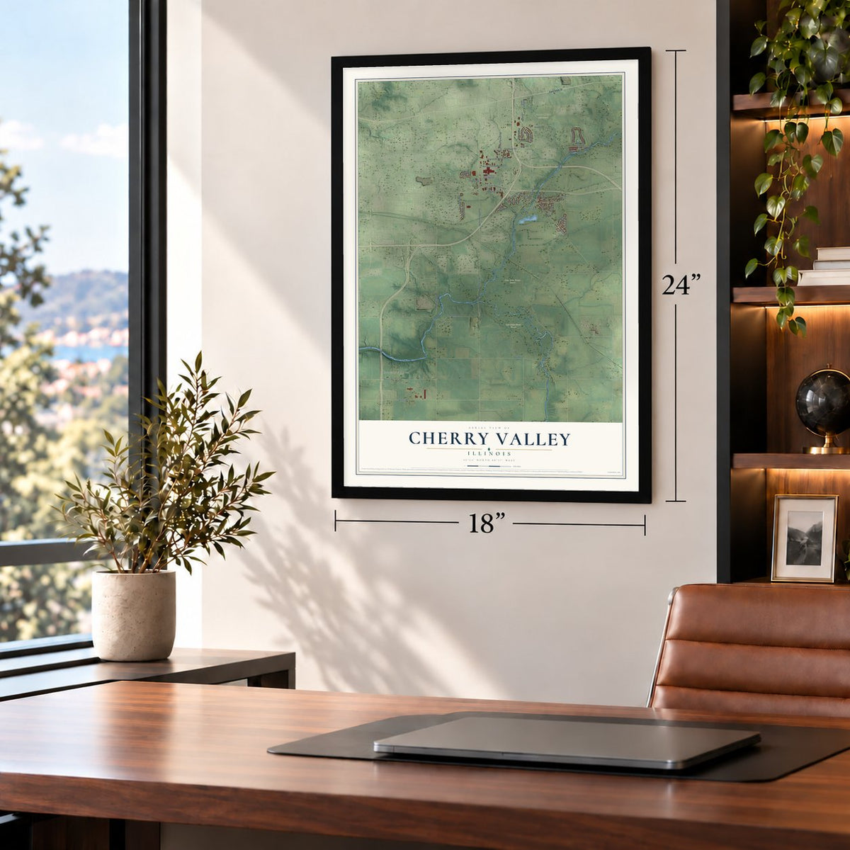 Cherry Valley, Illinois map, 18 x 24 inch print in a black frame in a home office