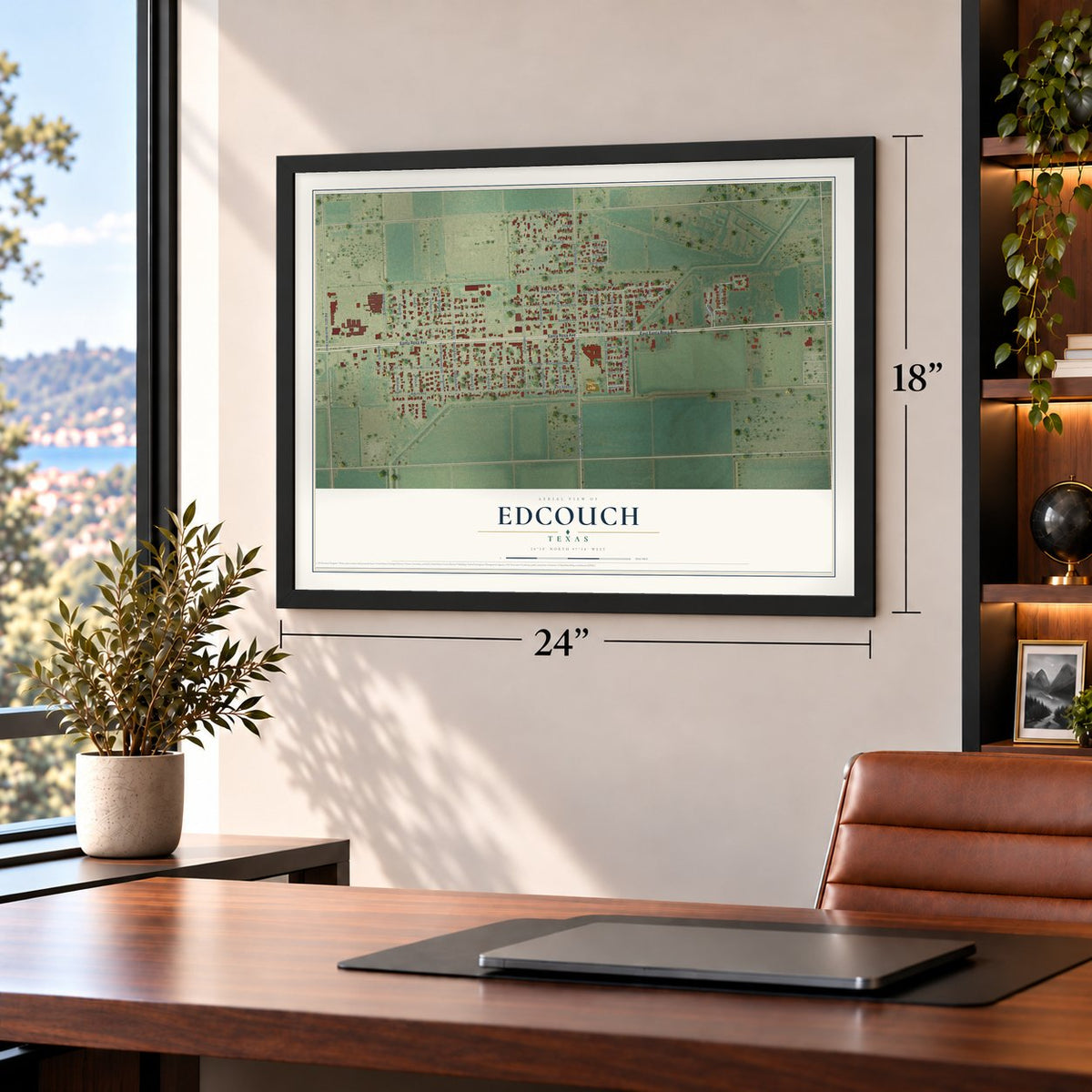 Edcouch, Texas map, 18 x 24 inch print in a black frame in a home office