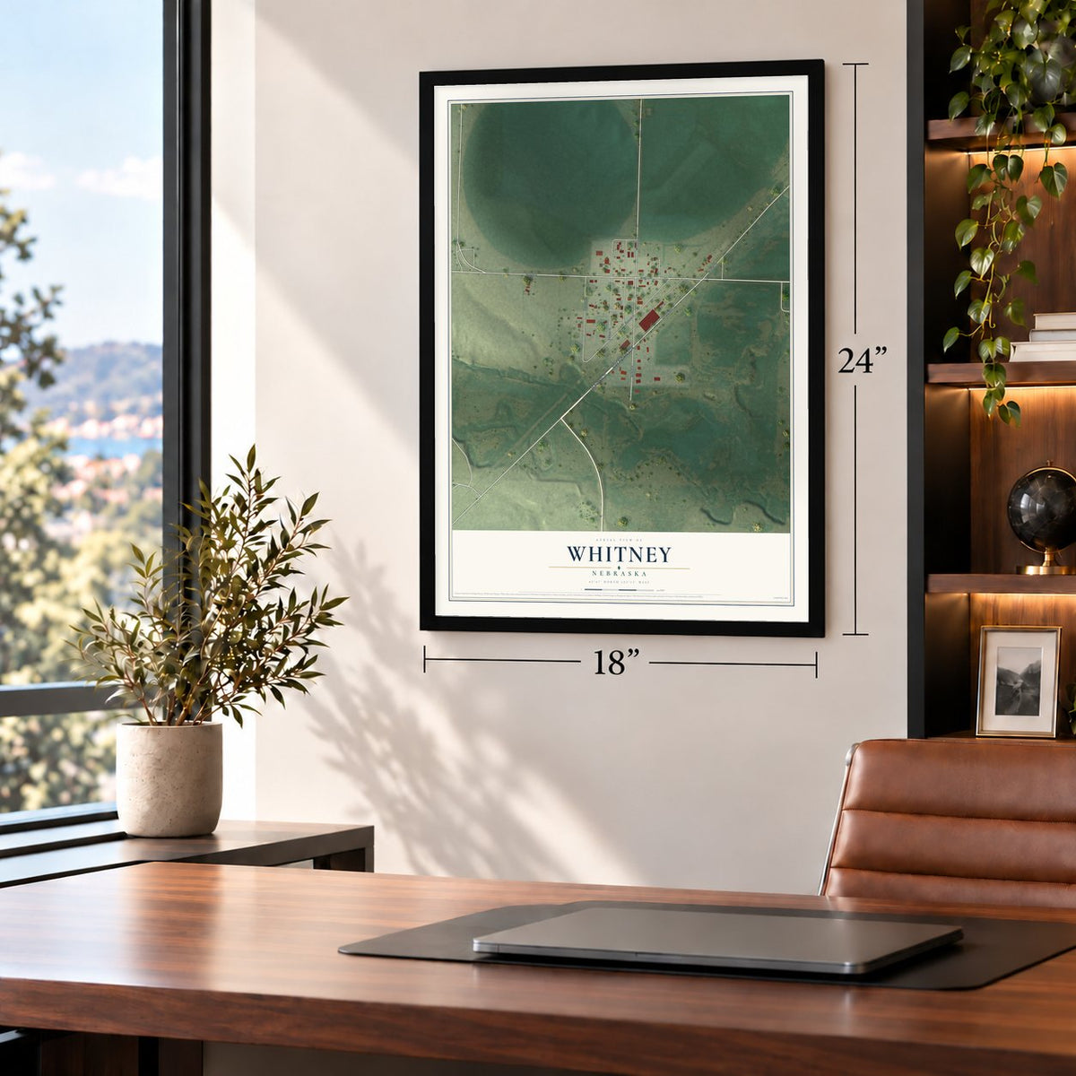 Whitney, Nebraska map, 18 x 24 inch print in a black frame in a home office