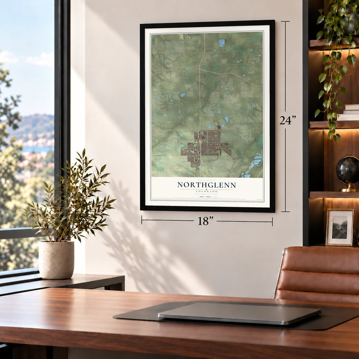 Northglenn, Colorado map, 18 x 24 inch print in a black frame in a home office