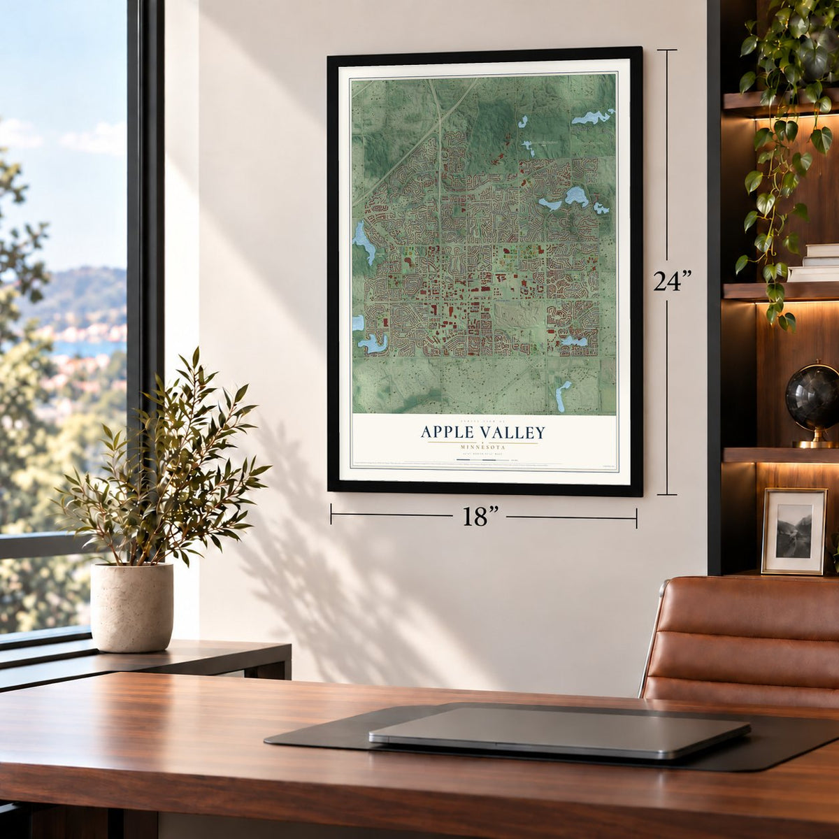 Apple Valley, Minnesota map, 18 x 24 inch print in a black frame in a home office