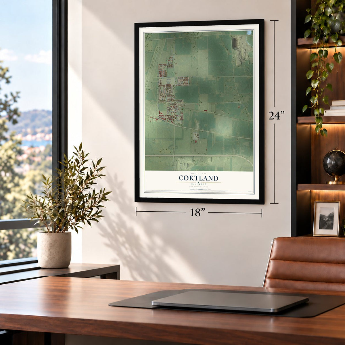 Cortland, Illinois map, 18 x 24 inch print in a black frame in a home office