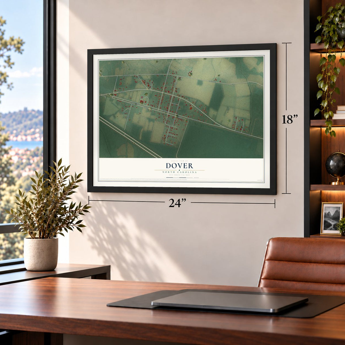 Dover, North Carolina map, 18 x 24 inch print in a black frame in a home office