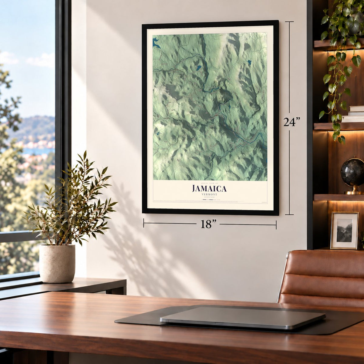 Jamaica, Vermont map, 18 x 24 inch print in a black frame in a home office