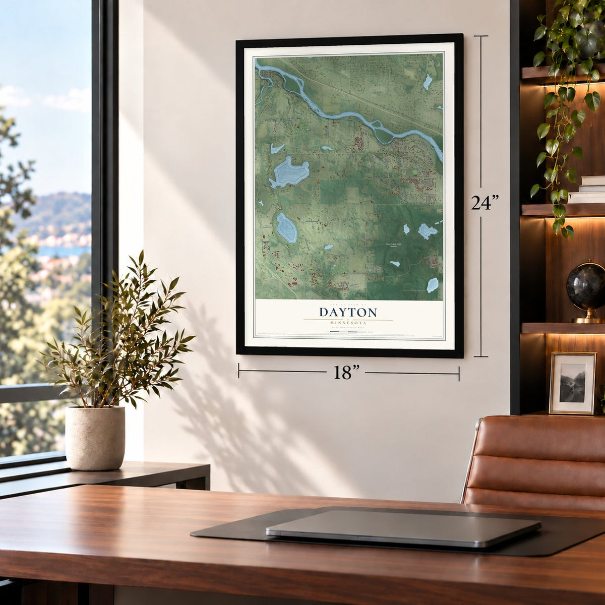 Dayton, Minnesota map, 18 x 24 inch print in a black frame in a home office
