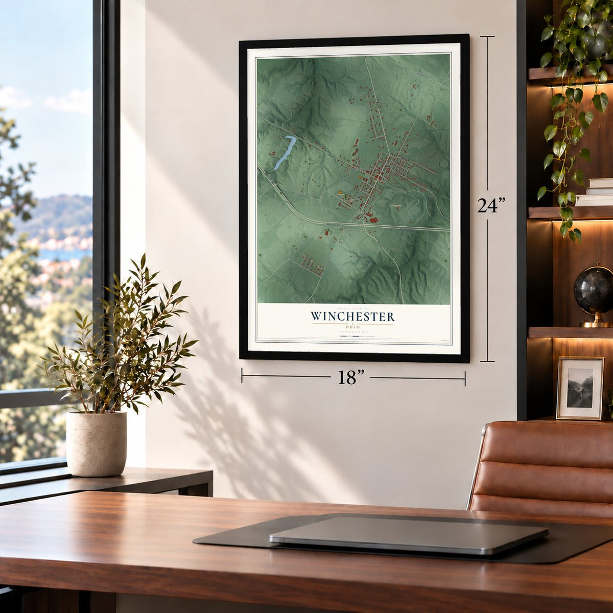 Winchester, Ohio map, 18 x 24 inch print in a black frame in a home office