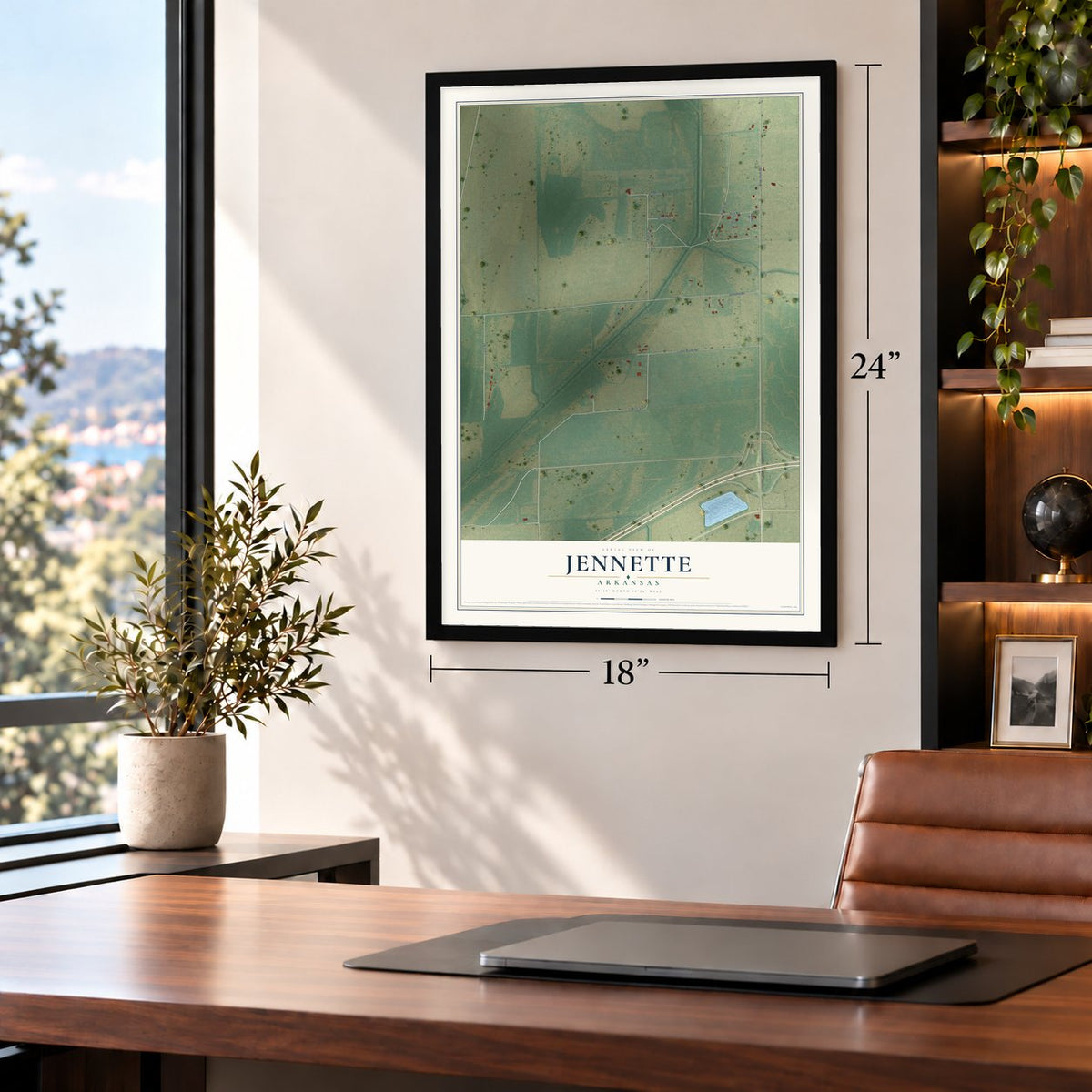 Jennette, Arkansas map, 18 x 24 inch print in a black frame in a home office