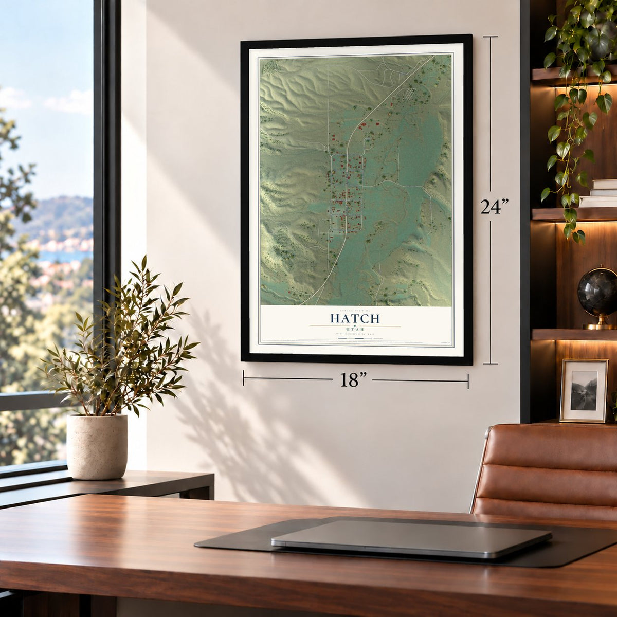 Hatch, Utah map, 18 x 24 inch print in a black frame in a home office