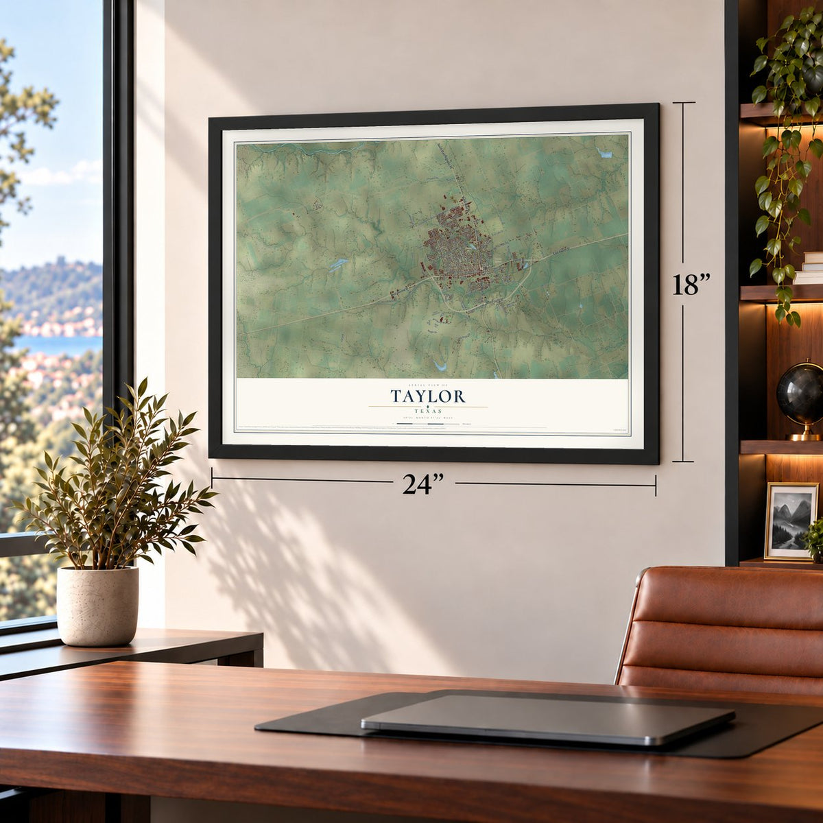 Taylor, Texas map, 18 x 24 inch print in a black frame in a home office