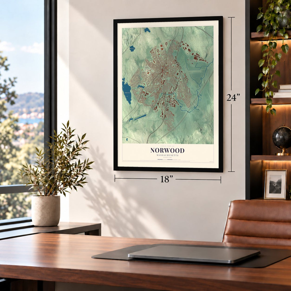 Norwood, Massachusetts map, 18 x 24 inch print in a black frame in a home office