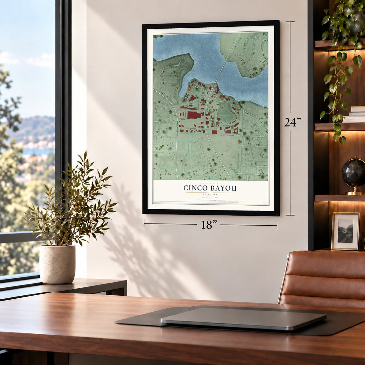 Cinco Bayou, Florida map, 18 x 24 inch print in a black frame in a home office