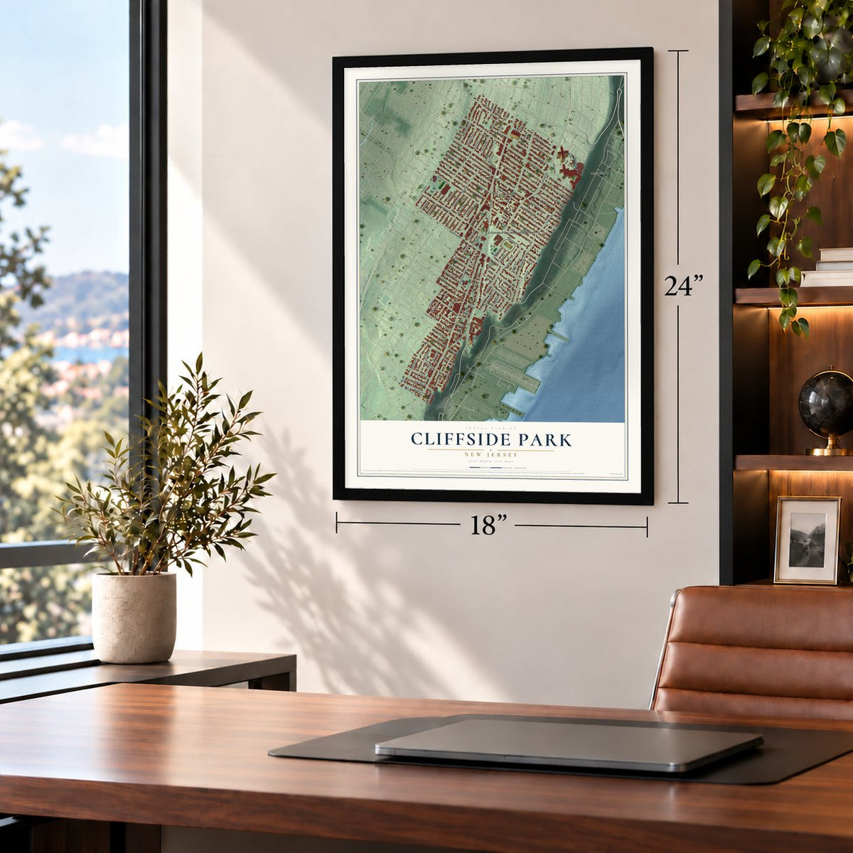 Cliffside Park, New Jersey map, 18 x 24 inch print in a black frame in a home office