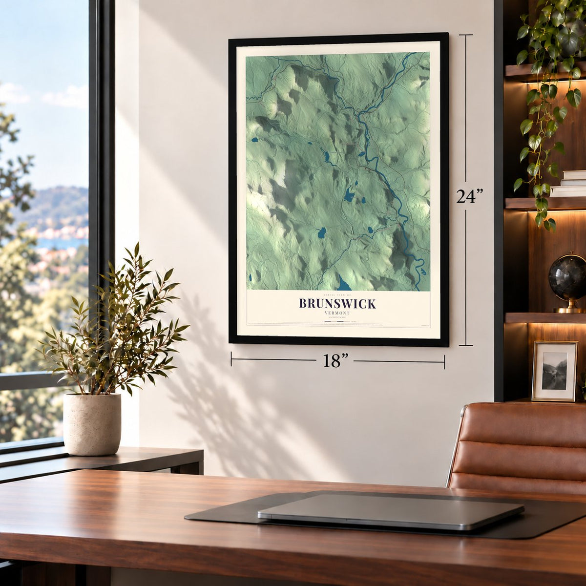 Brunswick, Vermont map, 18 x 24 inch print in a black frame in a home office