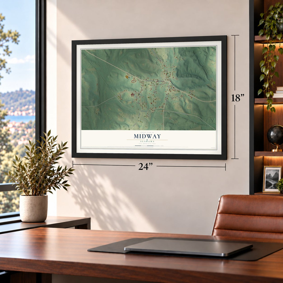 Midway, Alabama map, 18 x 24 inch print in a black frame in a home office