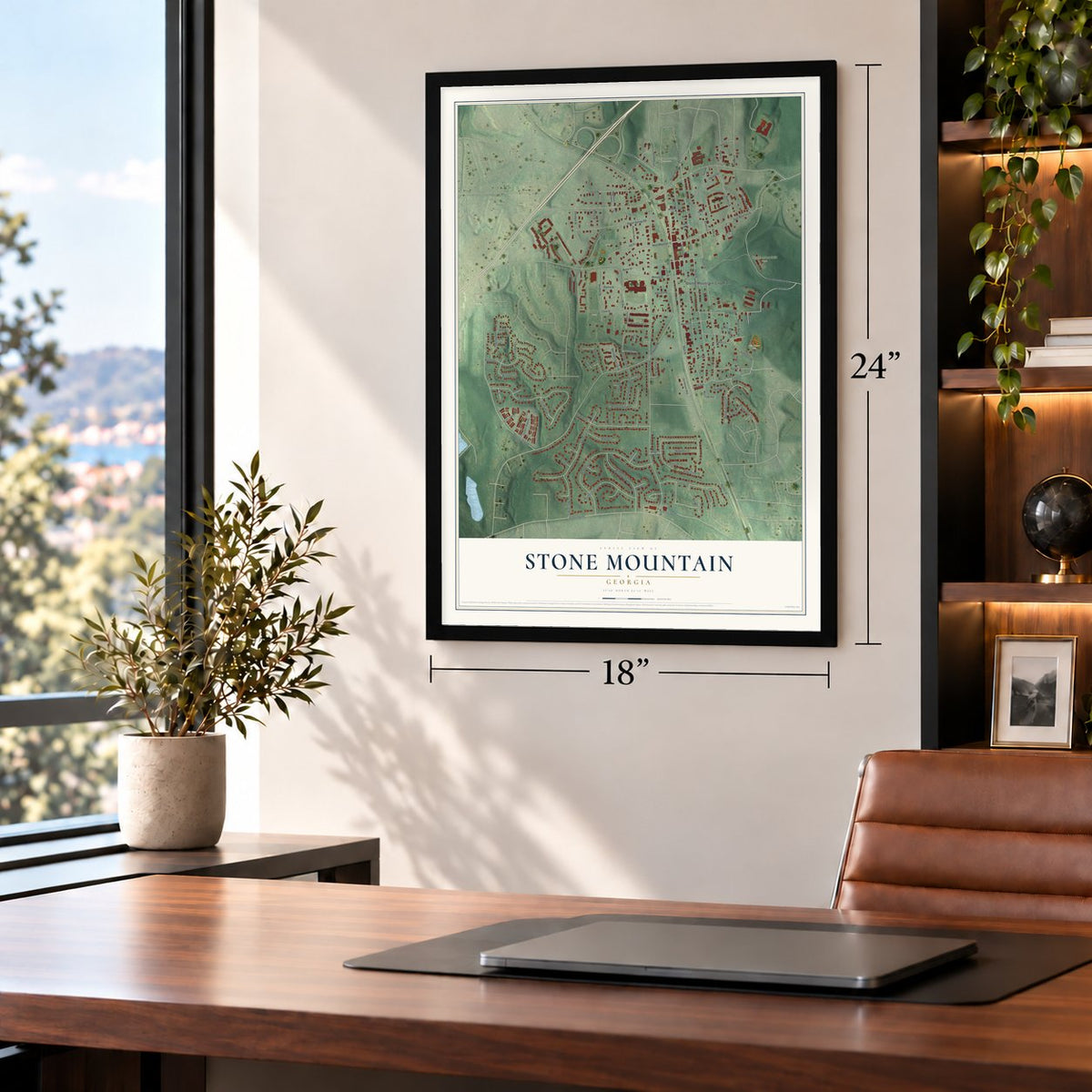 Stone Mountain, Georgia map, 18 x 24 inch print in a black frame in a home office