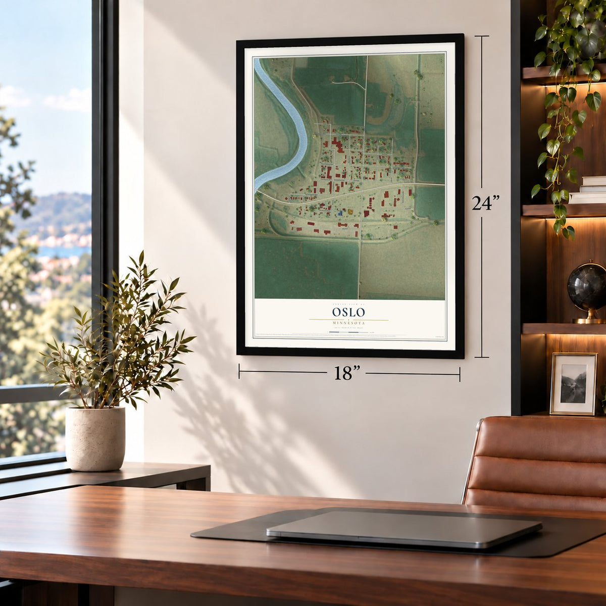 Oslo, Minnesota map, 18 x 24 inch print in a black frame in a home office