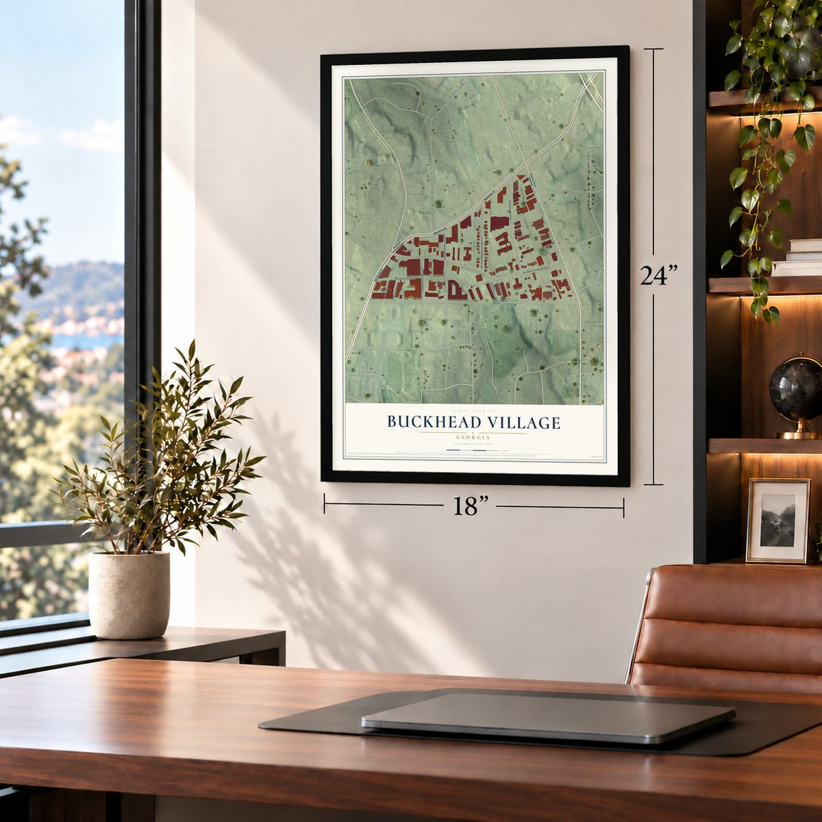Buckhead Village, Georgia map, 18 x 24 inch print in a black frame in a home office