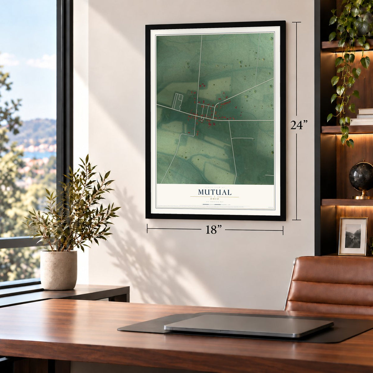 Mutual, Ohio map, 18 x 24 inch print in a black frame in a home office