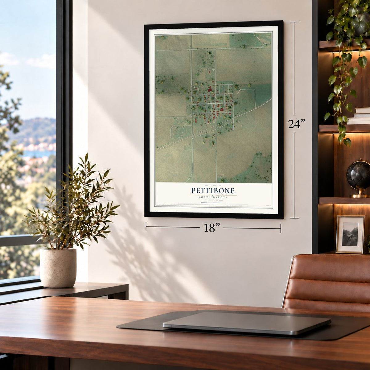 Pettibone, North Dakota map, 18 x 24 inch print in a black frame in a home office
