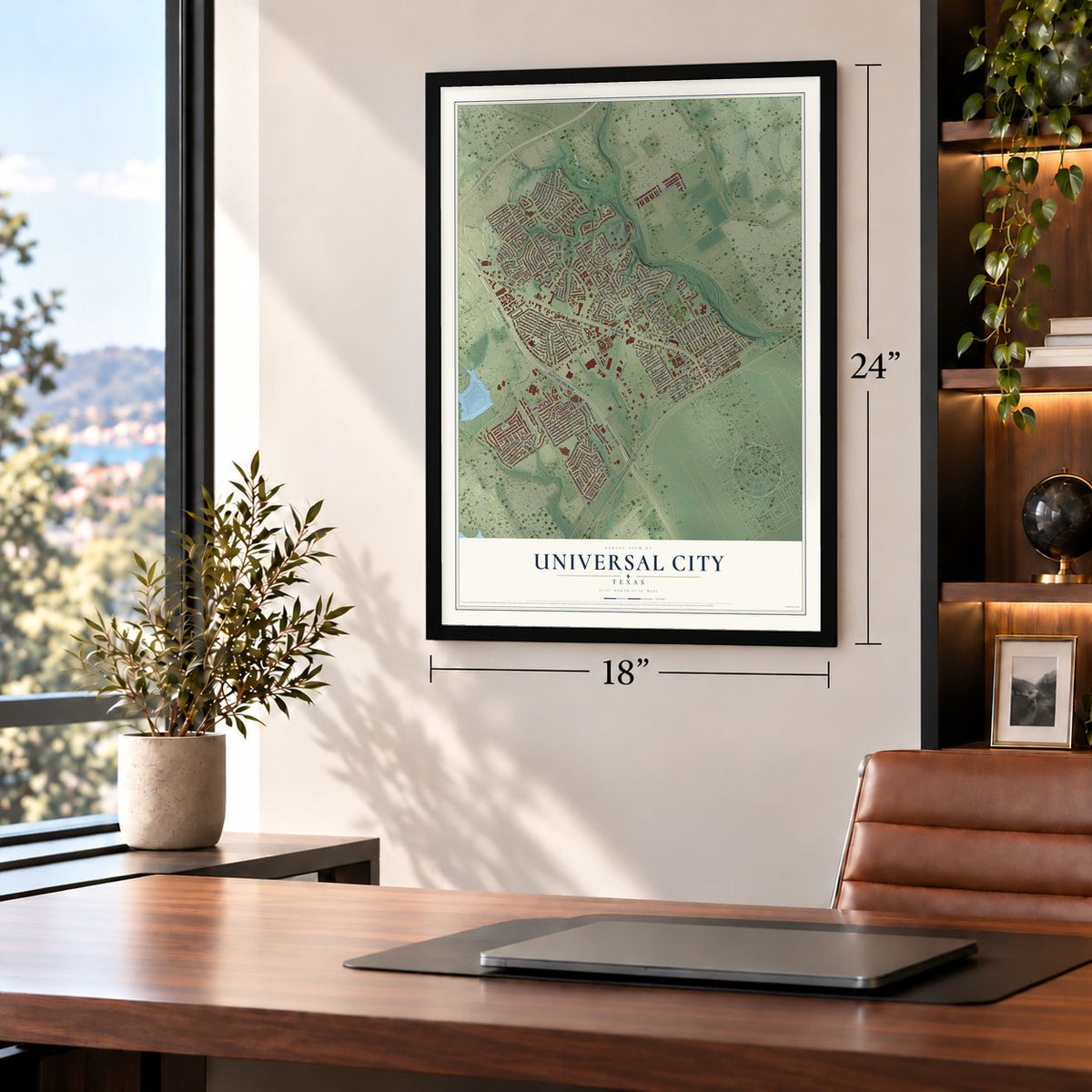 Universal City, Texas map, 18 x 24 inch print in a black frame in a home office