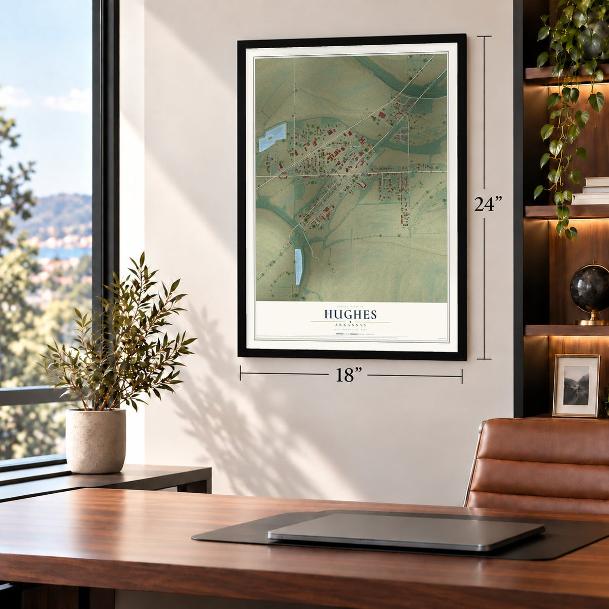 Hughes, Arkansas map, 18 x 24 inch print in a black frame in a home office