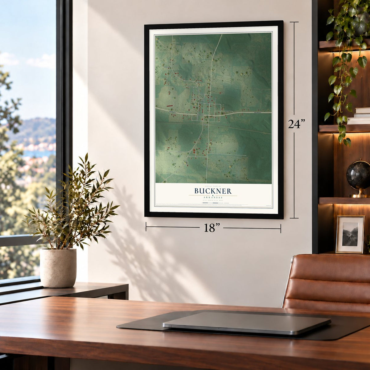 Buckner, Arkansas map, 18 x 24 inch print in a black frame in a home office
