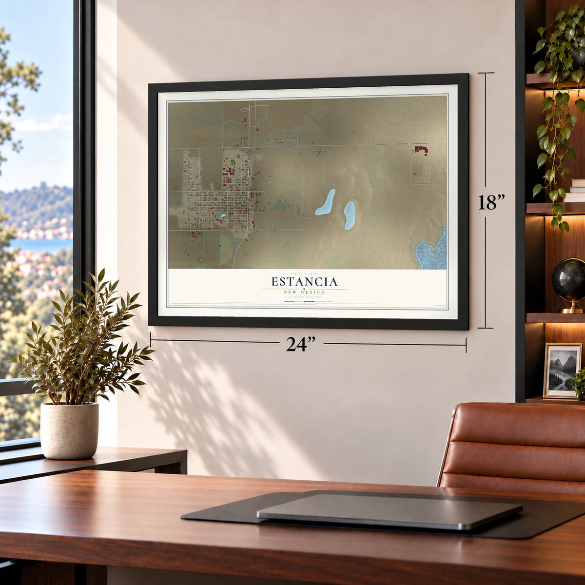Estancia, New Mexico map, 18 x 24 inch print in a black frame in a home office