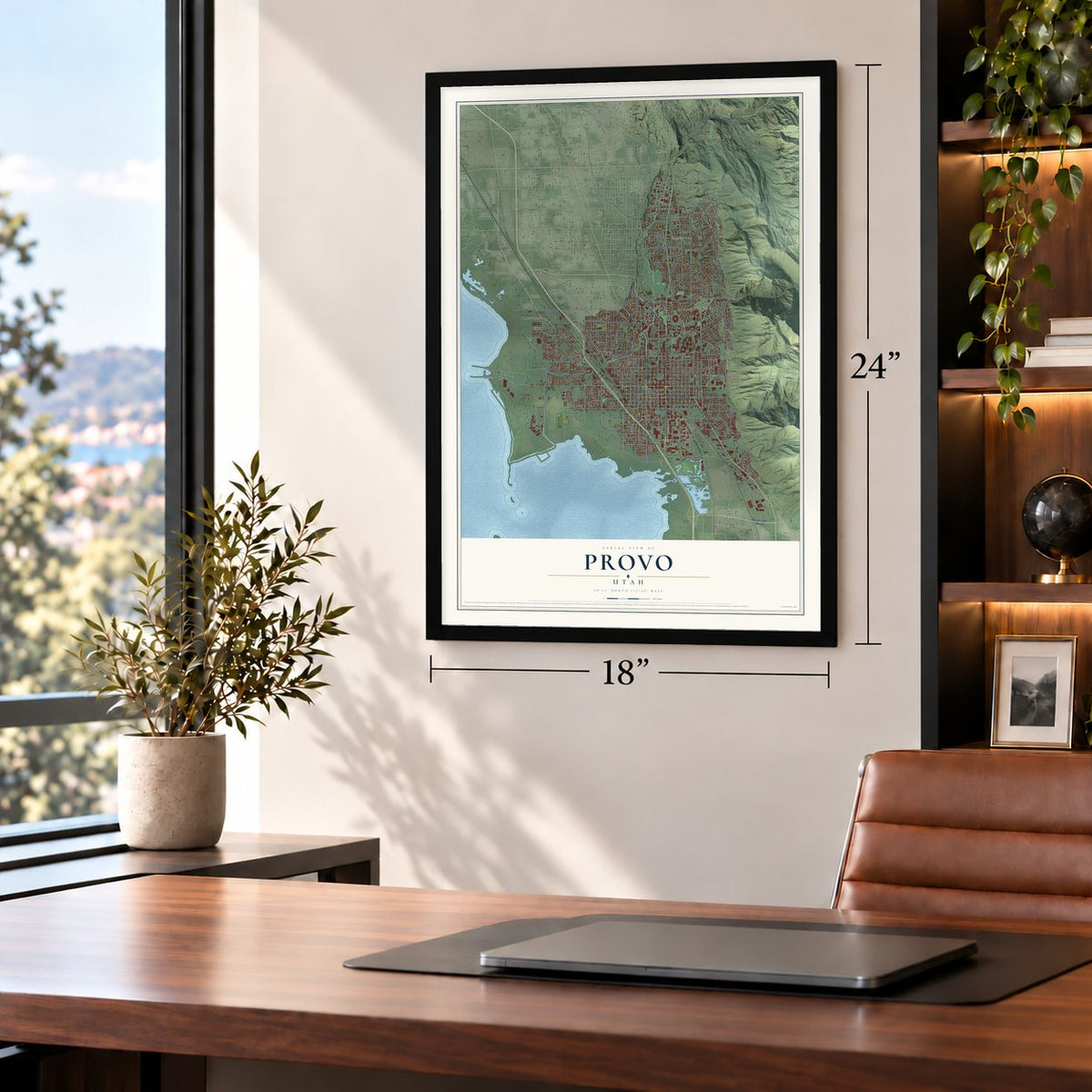 Provo, Utah map, 18 x 24 inch print in a black frame in a home office