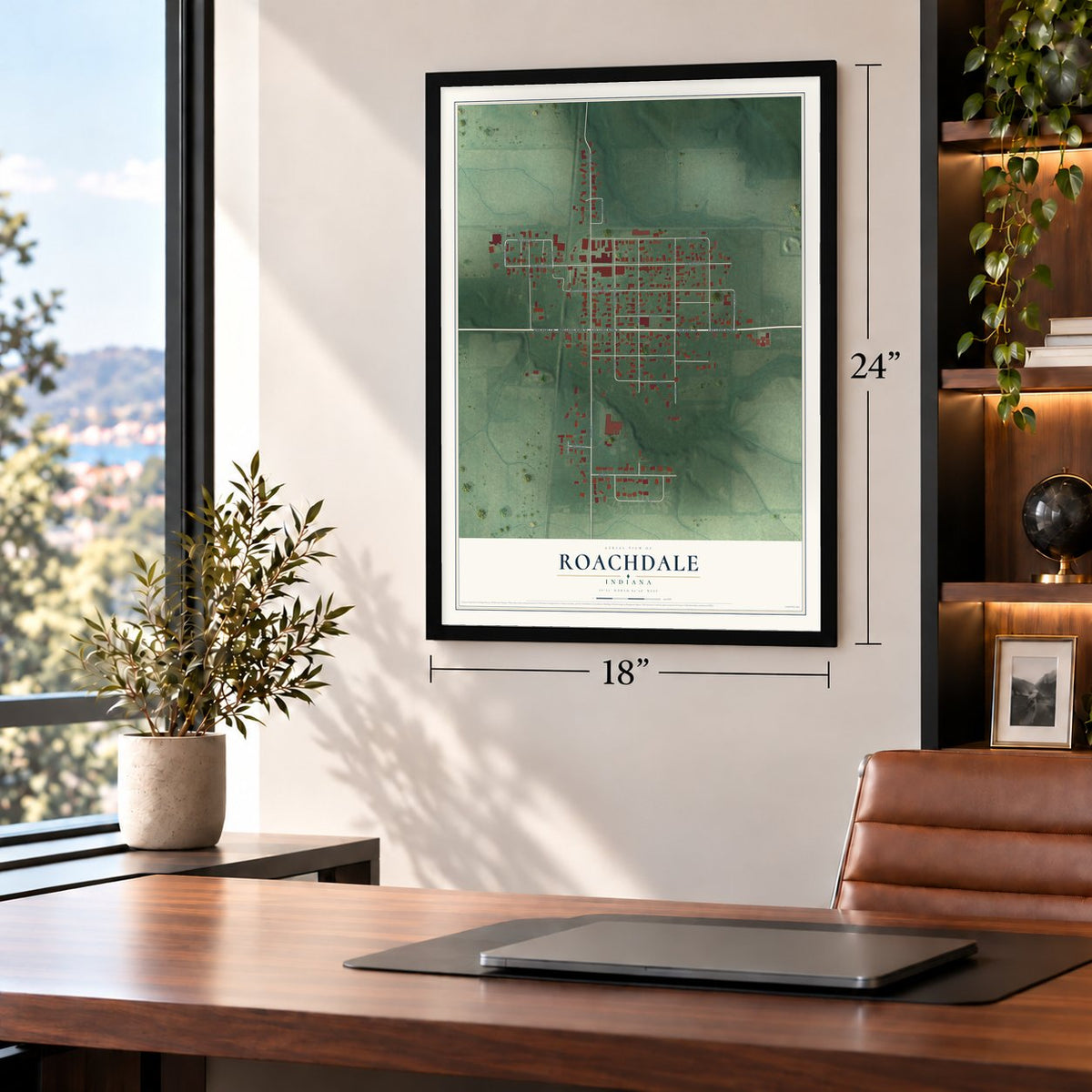 Roachdale, Indiana map, 18 x 24 inch print in a black frame in a home office