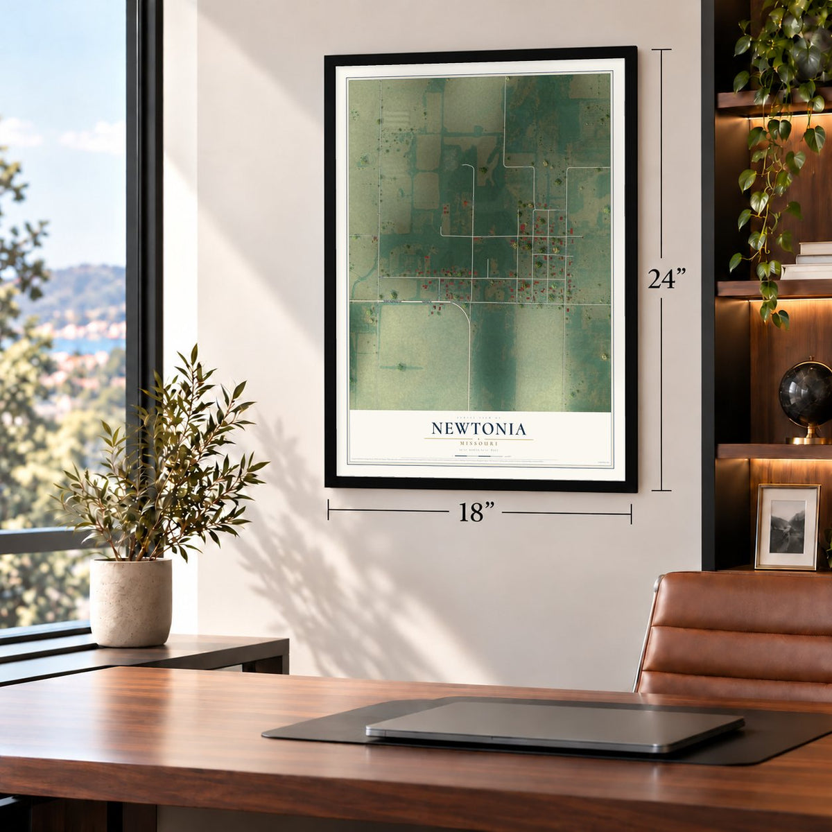 Newtonia, Missouri map, 18 x 24 inch print in a black frame in a home office