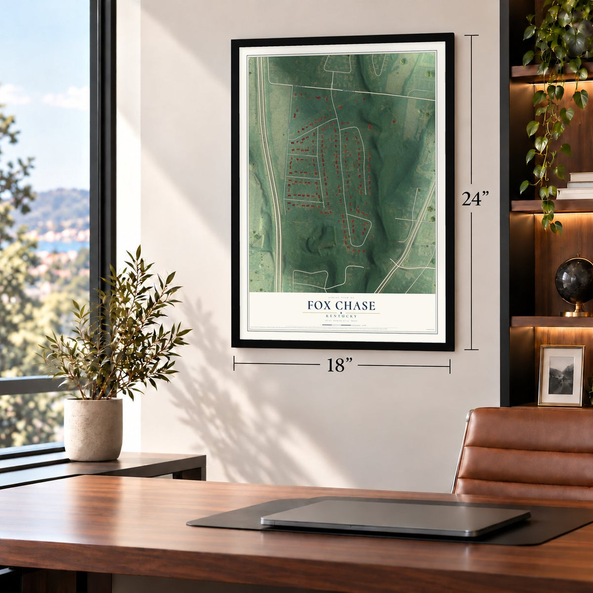 Fox Chase, Kentucky map, 18 x 24 inch print in a black frame in a home office