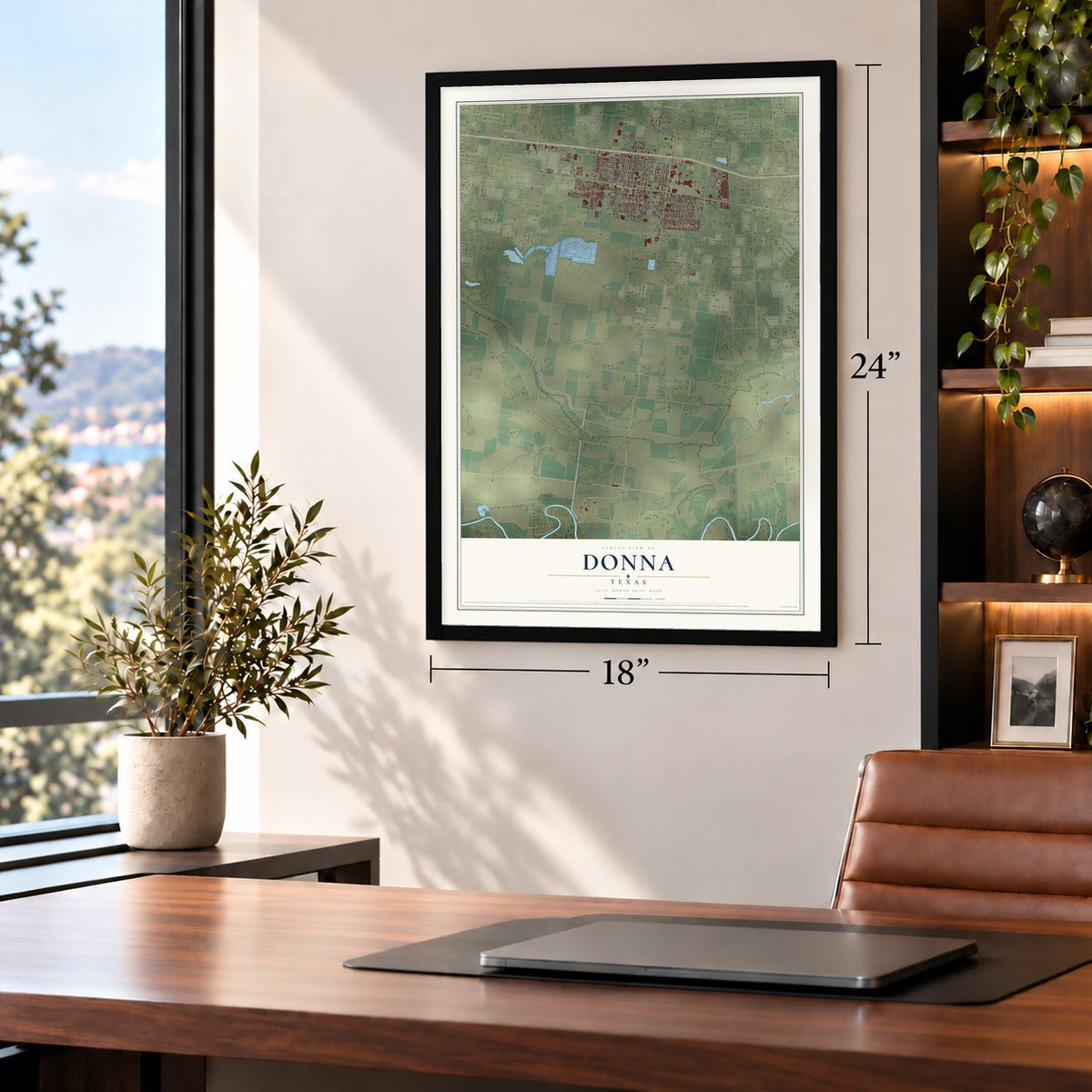 Donna, Texas map, 18 x 24 inch print in a black frame in a home office