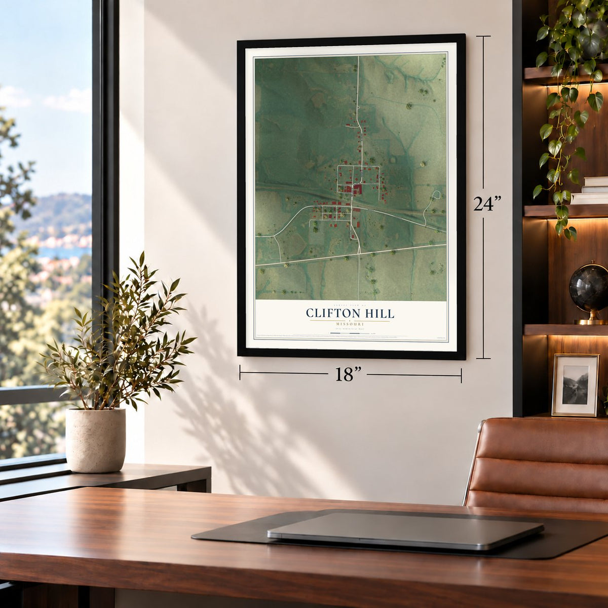 Clifton Hill, Missouri map, 18 x 24 inch print in a black frame in a home office