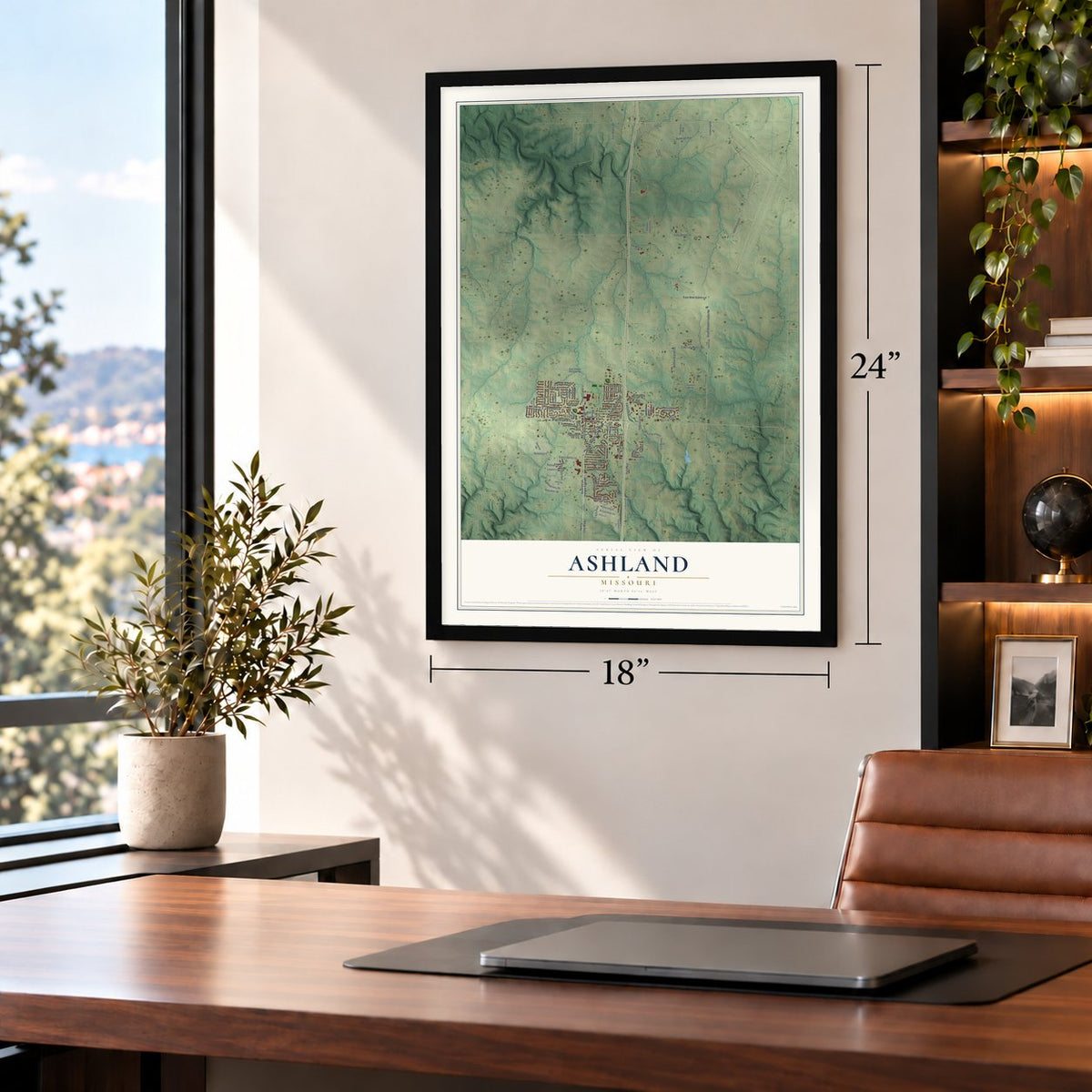 Ashland, Missouri map, 18 x 24 inch print in a black frame in a home office