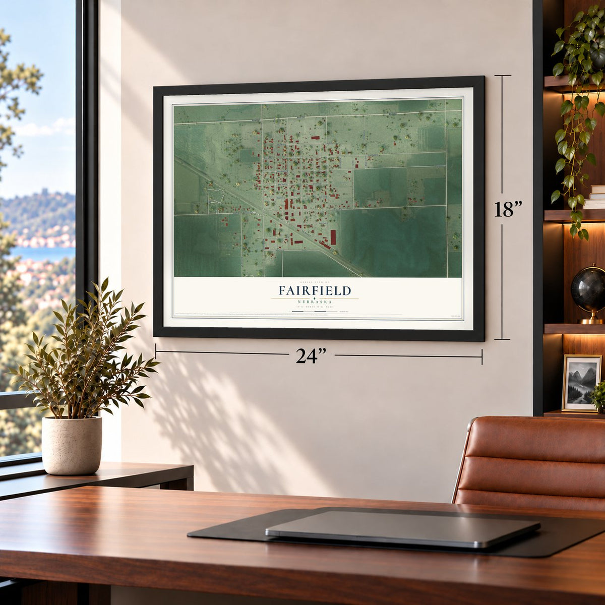 Fairfield, Nebraska map, 18 x 24 inch print in a black frame in a home office