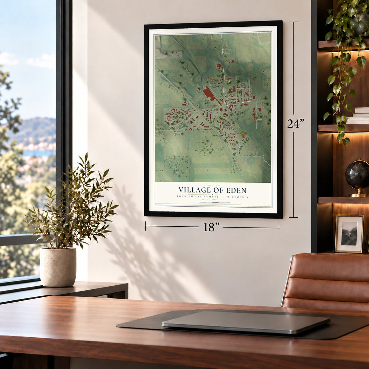 Eden, Wisconsin map, 18 x 24 inch print in a black frame in a home office