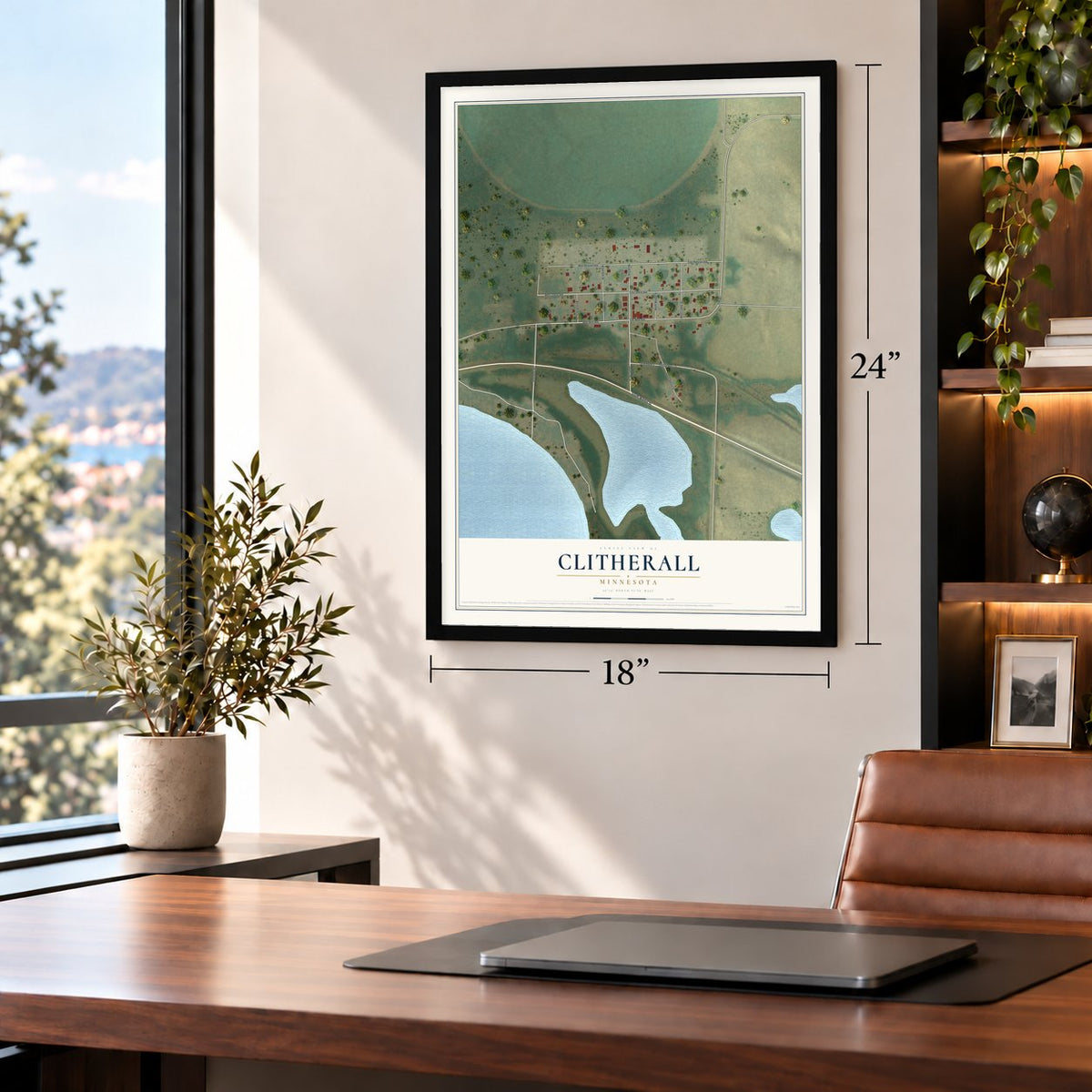 Clitherall, Minnesota map, 18 x 24 inch print in a black frame in a home office