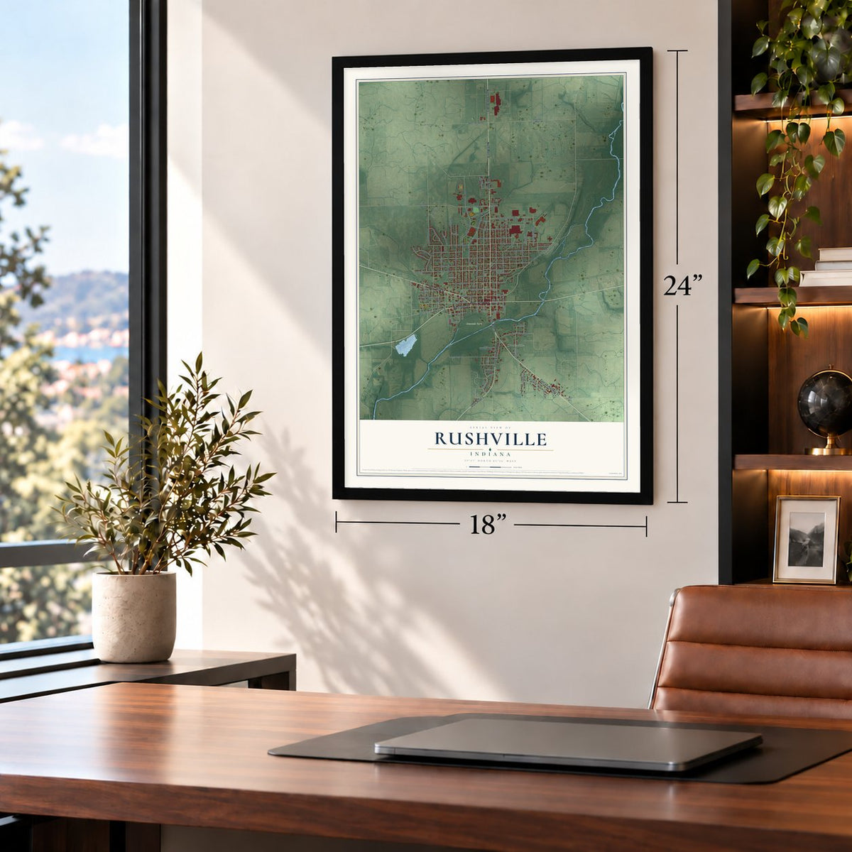 Rushville, Indiana map, 18 x 24 inch print in a black frame in a home office