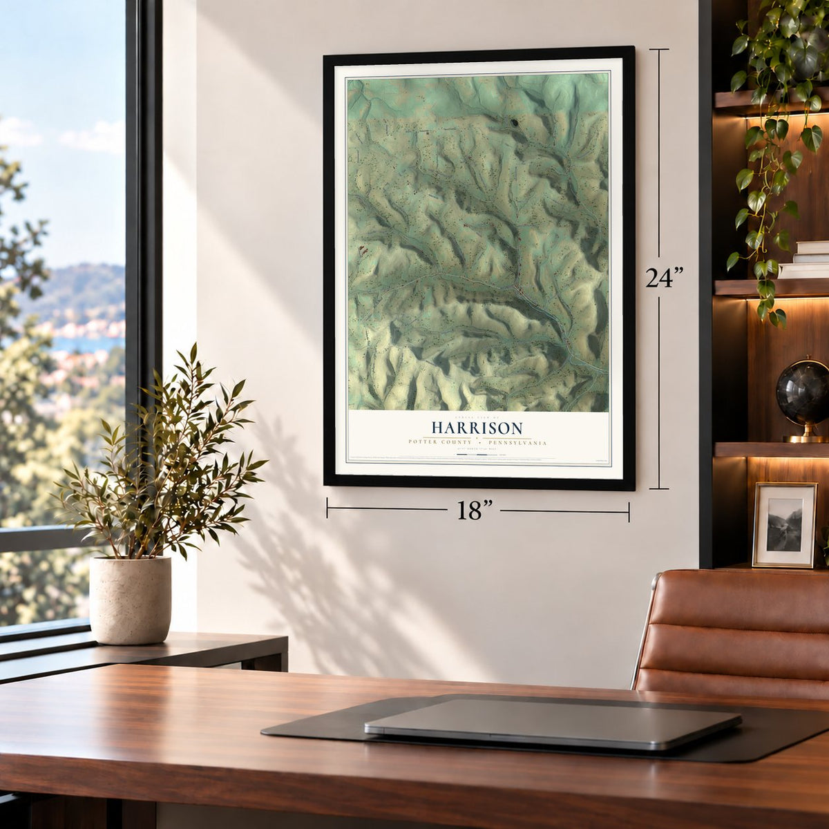 Harrison, Potter County, Pennsylvania map, 18 x 24 inch print in a black frame in a home office