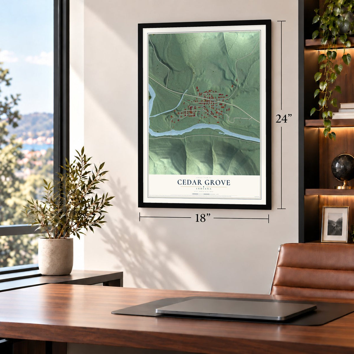 Cedar Grove, Indiana map, 18 x 24 inch print in a black frame in a home office
