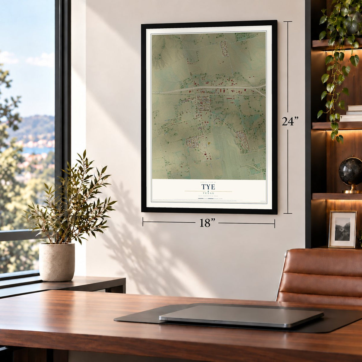 Tye, Texas map, 18 x 24 inch print in a black frame in a home office