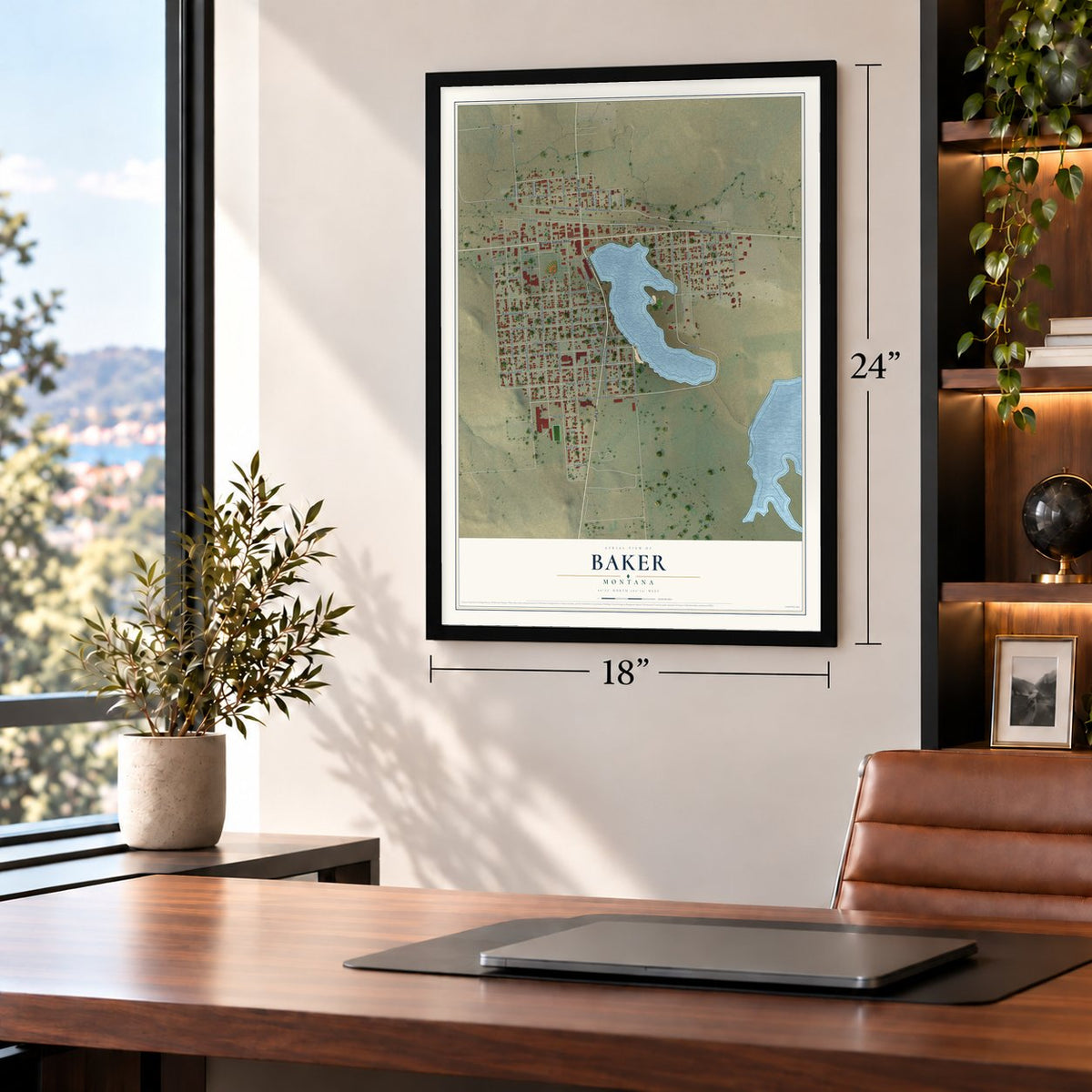 Baker, Montana map, 18 x 24 inch print in a black frame in a home office