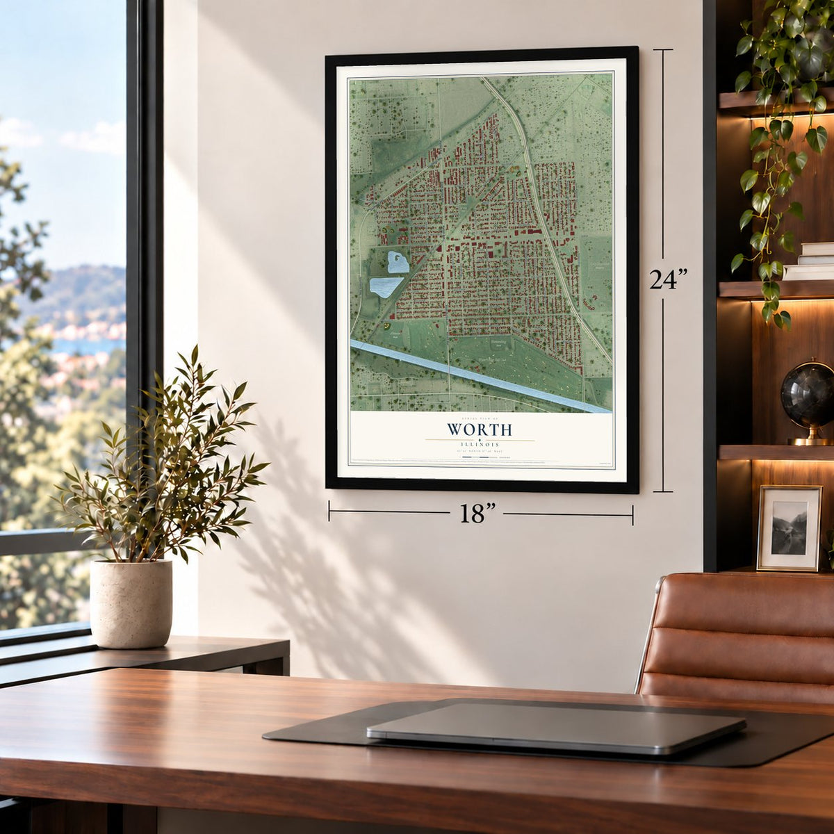 Worth, Illinois map, 18 x 24 inch print in a black frame in a home office