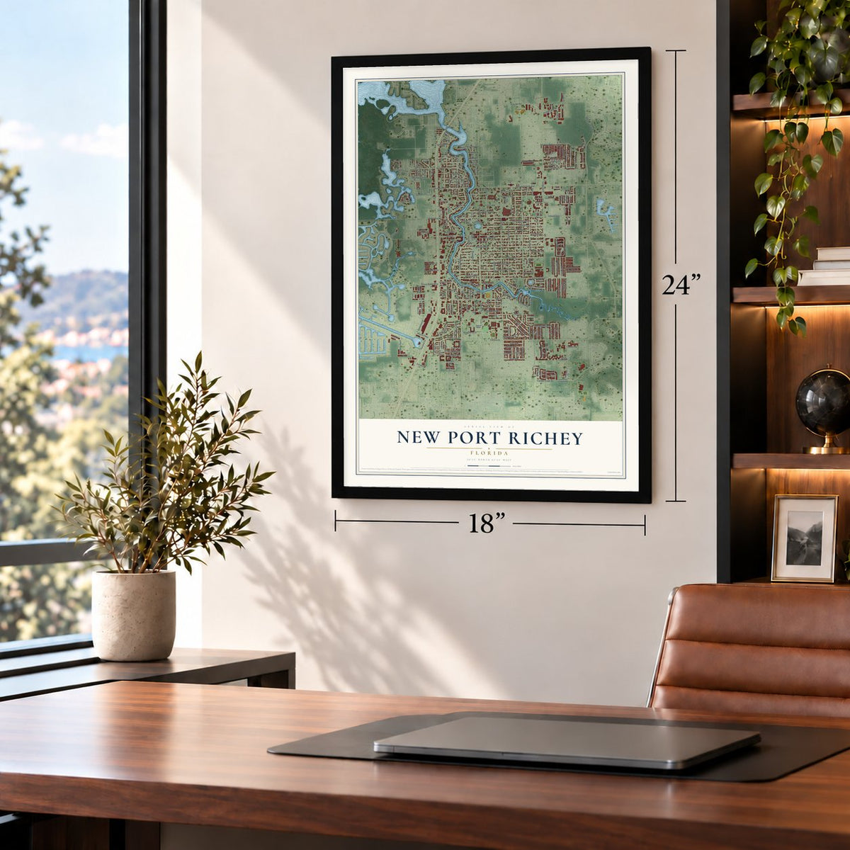 New Port Richey, Florida map, 18 x 24 inch print in a black frame in a home office