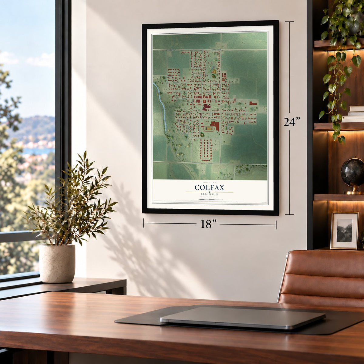 Colfax, Illinois map, 18 x 24 inch print in a black frame in a home office