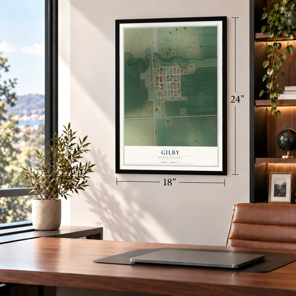 Gilby, North Dakota map, 18 x 24 inch print in a black frame in a home office
