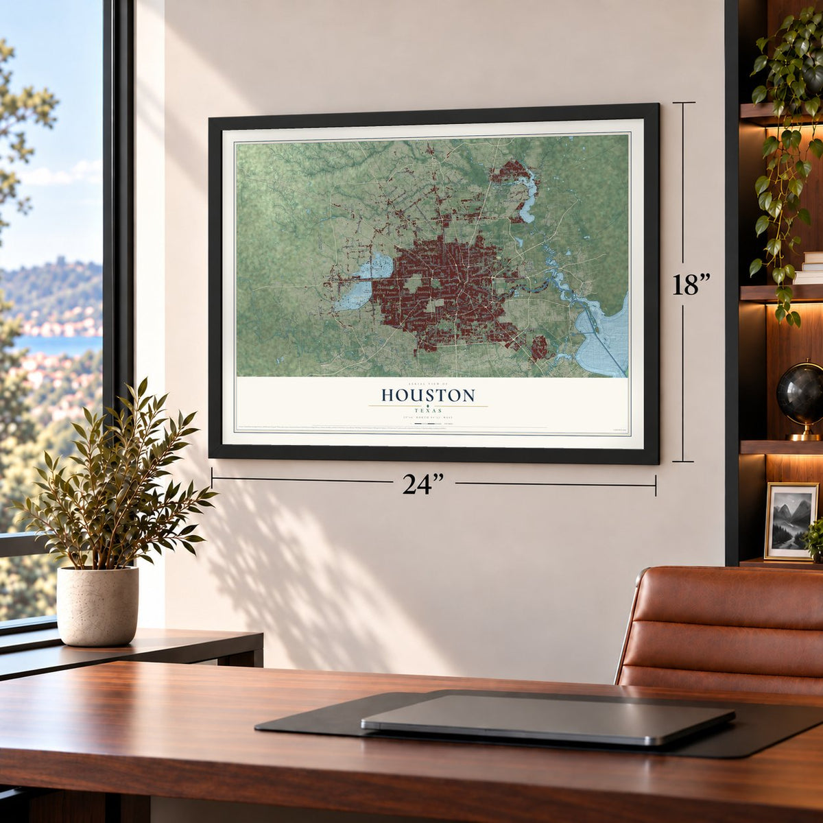 Houston, Texas map, 18 x 24 inch print in a black frame in a home office